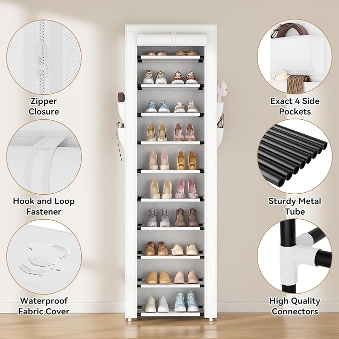 ROJASOP Shoe Rack with Covers 10 Tier Large Shoe Organizer Tall Shoe Closet Storage for 20-22 Pairs Shoe and Boot, Free Standing Shoe Rack Organizer for Closet, Entryway, Bedroom, White