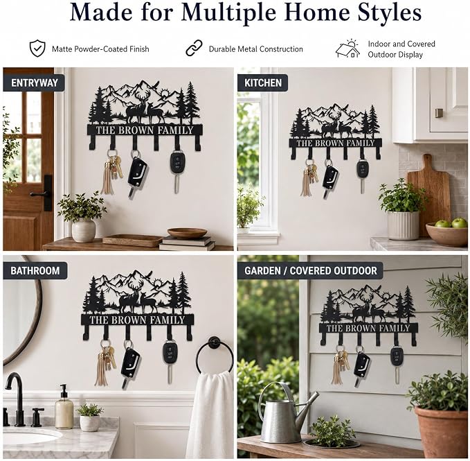 Personalization Deer Mountain Metal Key Holder custom Wall Mount Key Holder for Wall Rustic Cabin Decor Key Rack Hooks Hanger Woodland Wildlife Wall Art Entryway Organizer Housewarming Hunting Gifts