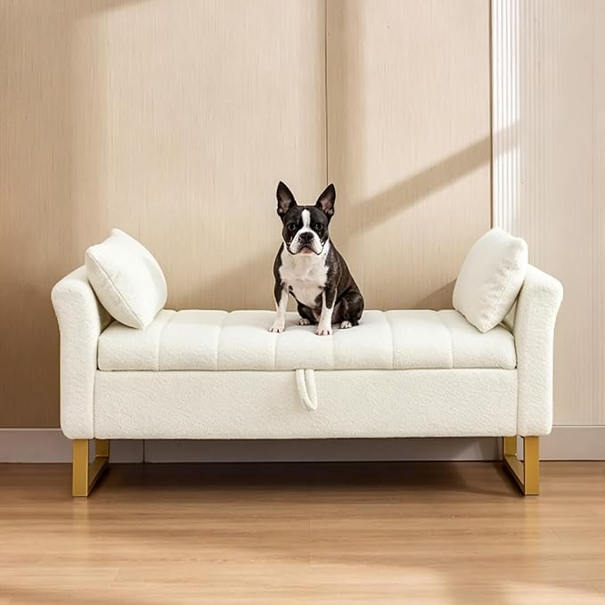 52" Storage Bench for Bedroom Upholstered End of Bed Bench Queen Size Ivory | Bedroom Benches for Foot of Bed Queen with Gold Legs,2 Pillows,Teddy Storage Ottoman Bench for Bedroom,Entryway,Cloakroom
