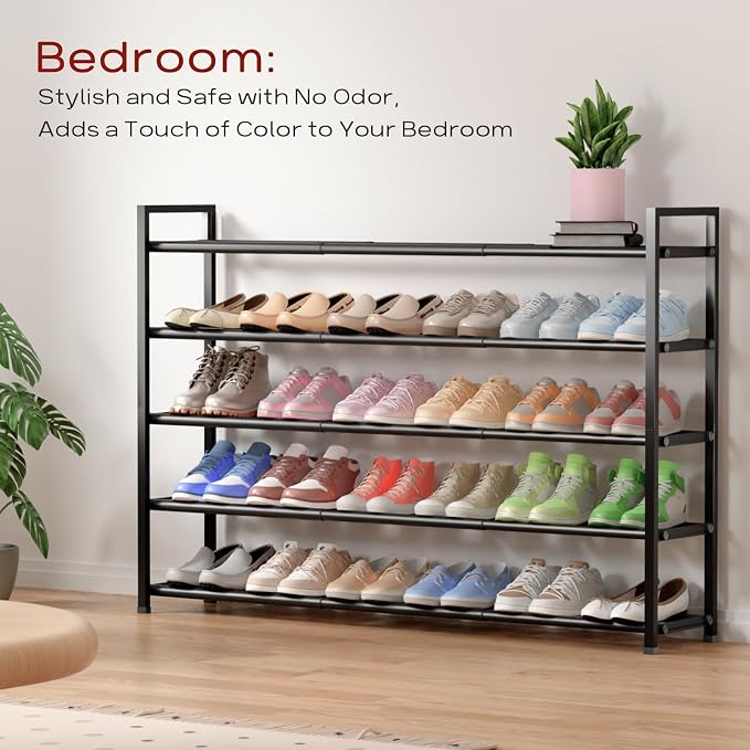 Bumusty 5 Tier Long Expandable Shoe Rack for Closet, Black | 18"-44" Adjustable Shoe Rack for Entryway, Shoe Organizer for Dorm, Front Door, Sturdy Metal