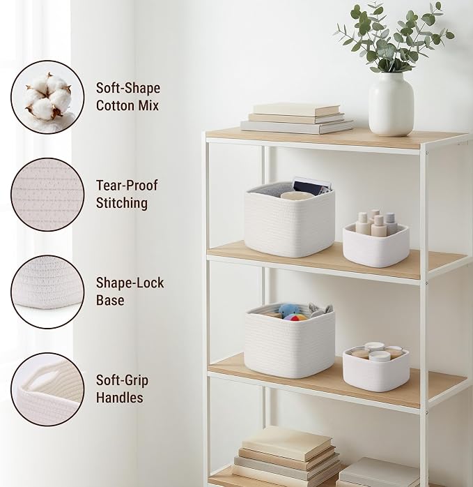 5-Pack Storage Cubes Woven Rope Baskets, 2 Sizes Organizer Bins | Ideal for Closet, Shelf, Bookshelf, Nursery, Changing Table, Cube Storage Bins, Storage Baskets for Bathroom Toy & Home