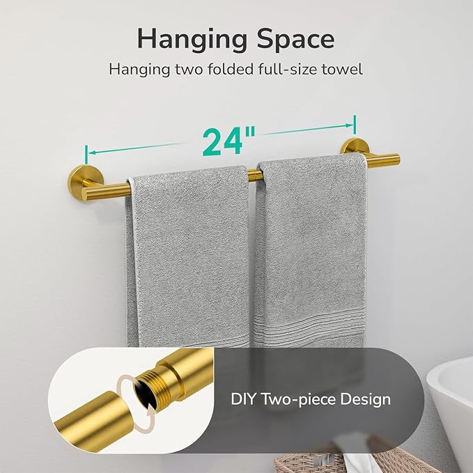 USHOWER Brass Gold Towel Bar, 24-Inch Towel Racks for Bathroom | Thicken SUS304 Stainless Steel Towel Rod, Towel Holder Wall-Mounted, Modern Home Decor (Total Length 26-Inch)