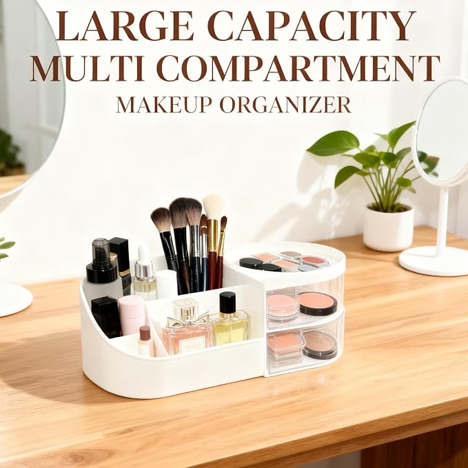 Makeup Organizer Countertop, Makeup Organizer With 2 Drawers | Makeup Organizer-Large Capacity Cosmetic Storage Cases With Smooth Edges and DIY Stickers, Dresser Table And Countertop