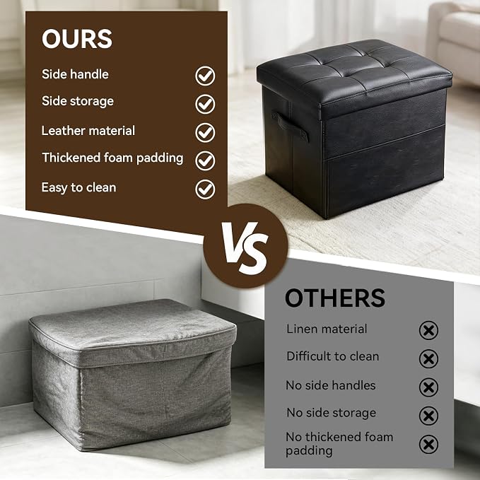 Storage Ottoman Foot Rest Bench with Side Pocket, Small Faux Leather Ottoman with Storage, Foot Stool with Storage for Living Room, Bedroom, Entryway, Dorm. 350LBS, 17x12.6x12.6in, Black.