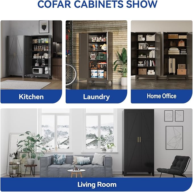 COFaR 71'' Tall Metal Storage Cabinet, Farmhouse Kitchen Pantry Cabinet with Doors and 4 Adjustable Shelves, Black Metal Cabinets for Garage, Kitchen, Bathroom, Laundry, 5-Tier
