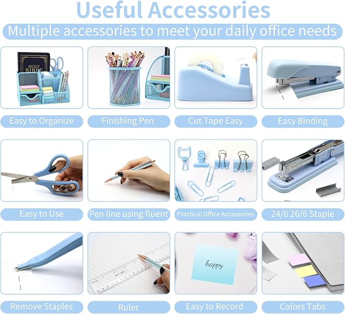 12 in 1 Blue Desk Organizers & Office Supplies Set for Office Home School | Blue Office Supplies for Coworkers Students, Include Stapler, Pen Holder, Tape Holder, Scissors, Ruler, Staple Remover