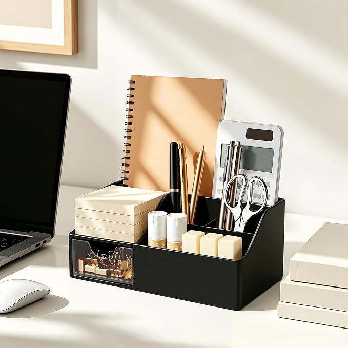 HBlife Acrylic Desk Organizer with Drawer, Pen & Pencil Holder, Multifunctional Desktop Caddy for Office Supply and Organization