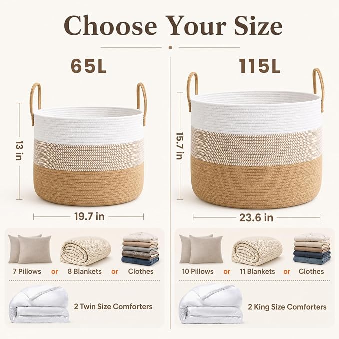 JMvicyroam 115L Extra Large Machine Washable Cotton Rope Blanket Basket | Collapsible laundry hamper, Reinforced handles, For blankets,pillows,toys and clothes, Living room and bedroom,White&Jute Mix