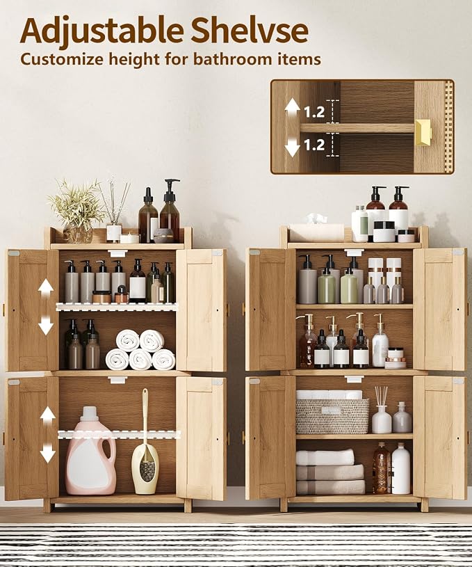 Akxomel 15" Rattan Small Bathroom Cabinet 4 Doors Adjustable Shelf Oak | Bathroom Organizer and Storage, Toilet Paper Floor Cabinet for Small Space