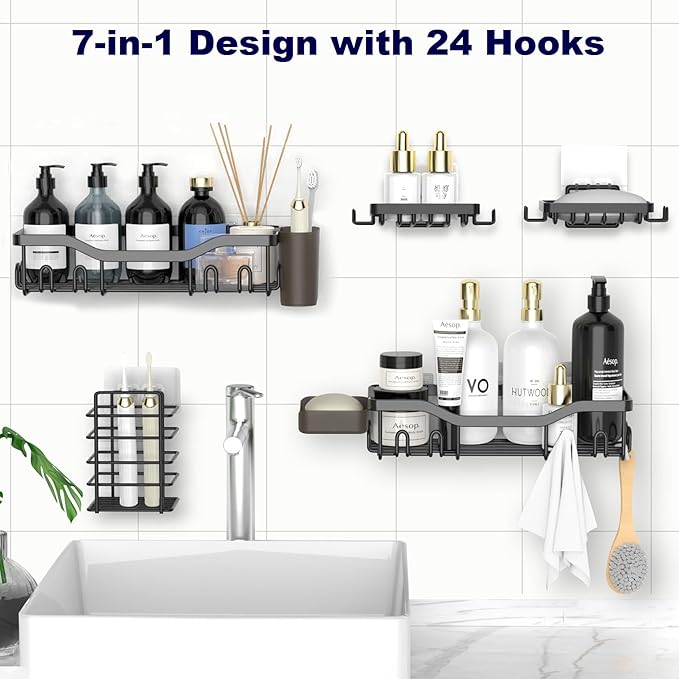 NESOMI 7 Pack Shower Caddy Adhesive,Stainless Steel Shower Organizer Shelf | Rustproof, with Soap Dish Toothbrush Holder, Large Capacity, No-Drill Rack Bathroom Storage Accessories, 24 Hooks, Home Decor