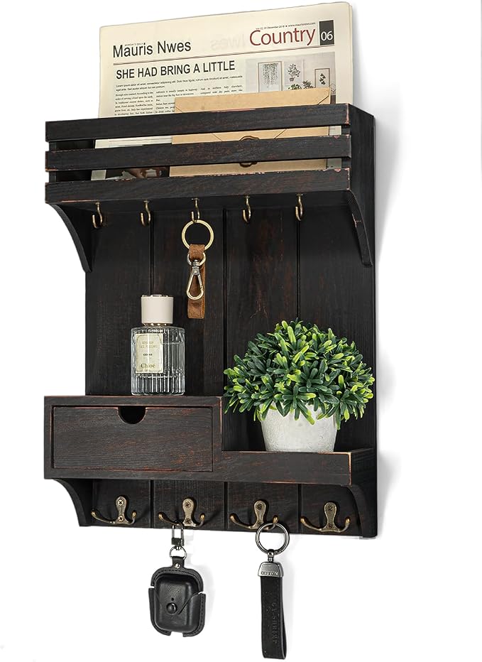 Rebee Vision Key Holder Wall Mount with Shelf for Entryway,Distressed Black | Pine Wood, Key Holder for Wall, 9 Key Hooks, Plant Display, Drawer Organizer, Mail Organizer for room, Home Decor Aesthetic