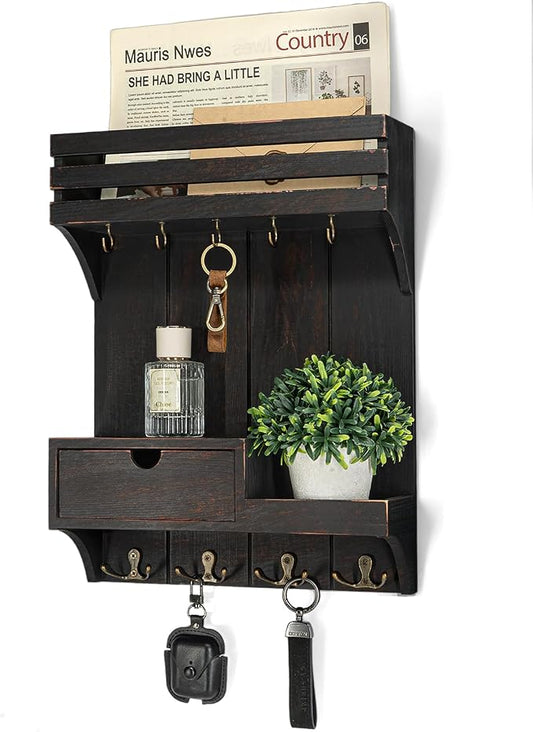 Rebee Vision Key Holder Wall Mount with Shelf for Entryway,Distressed Black | Pine Wood, Key Holder for Wall, 9 Key Hooks, Plant Display, Drawer Organizer, Mail Organizer for room, Home Decor Aesthetic
