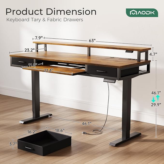 AODK 63 Inch Standing Desk with Drawers & Keyboard Tray, Rustic Brown | 3 Outlets & 2 USB Ports, 20-Mode LED Lights, Monitor Stand, Cable Management Tray, 3 Memory Heights, 29.9"-46.1" in Range