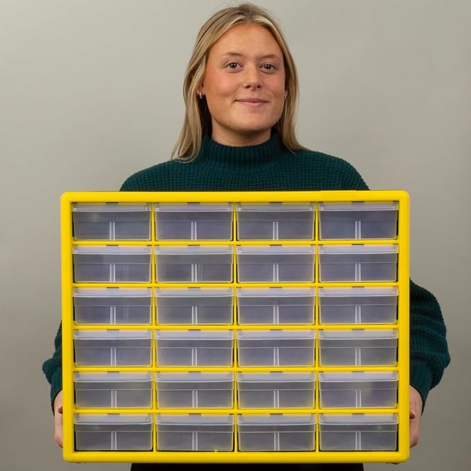Akro-Mils 24-Drawer Plastic Storage Cabinet, 20"W x 6"D x 16"H, Yellow | Plastic Cabinet w/ Drawers for Garage Organization, Beads, Building Bricks Storage, Teacher Toolbox, Makeup Organizer, 10124