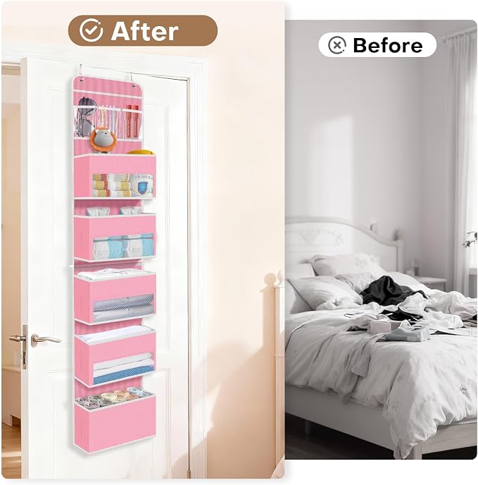 Over the Door Organizer, Large Pocket Hanging Storage with 40lb Capacity | Space Saving Door Storage for Nursery, Bathroom, Bedroom and Closet, Baby Essentials and Toiletry Organizer, Pink