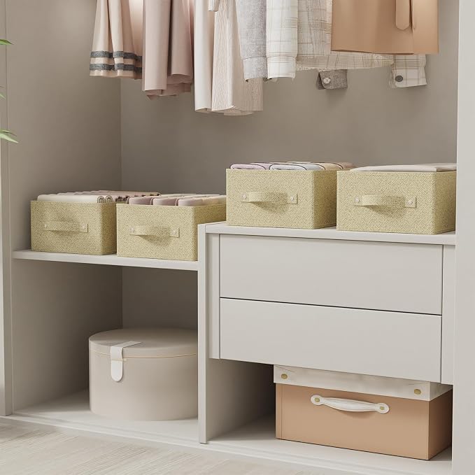 Open Storage Bin with Reinforced Stitching,Yellow,13x9x5.5in,2 Pack | Fabric Storage Baskets with Soft Cloth Handles, Thick PP Panel Wardrobe Containers,Wipeable Drawer Boxes for Closet Shelves