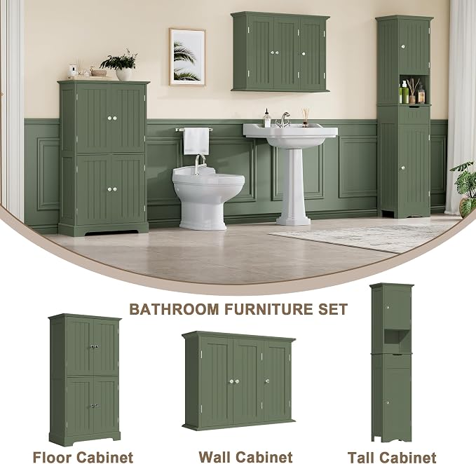 ChooChoo Laundry Cabinet with 3 Doors and Adjustable Shelves | 9.06"D x 31.1"W x 24"H, Bathroom Wall Cabinet, Cupboard, Green