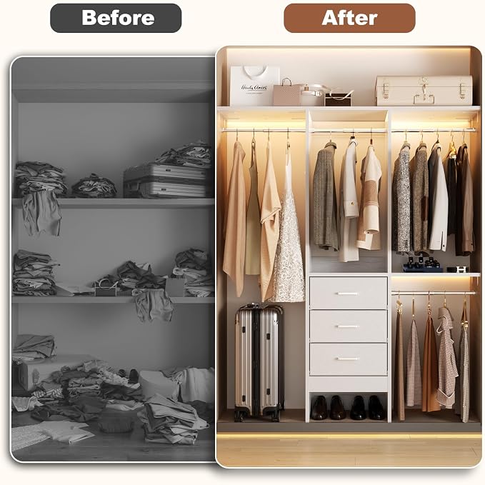 Besiost 4FT Small Closet System with 3 Fabric Drawers, 48'' Closet Organizer System With 3 Adjustable Shelves, Flexible Built-In Clothes Garment Rack for Small Space, 48" L x 13" W x 71" H, White