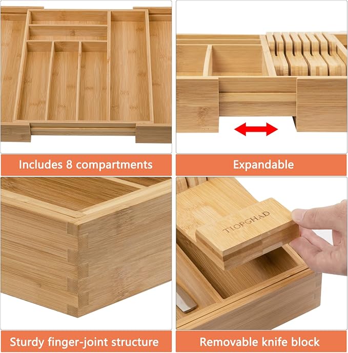 Expandable Bamboo Silverware Drawer Organizer Tray, Natural | Removable Knife Block, Holds 7 Knives, Adjustable Dividers, 12.6-21.45 x 16.3 x 2.13 in, Drawer Insert for Utensils, Forks