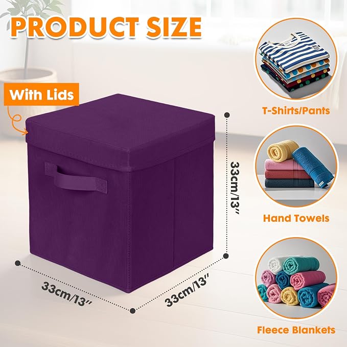 ShellKingdom Storage Bins, Foldable Fabric Storage Cube with Lid for Closet | Clothes Storage Organizer Drawer For Closet Toys Storage, 13 X 13 X 13 INCH, 2 Pack (Purple)