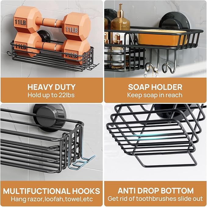 LEVERLOC Shower Caddy Suction Cup, Bathroom Organizer for Inside Shower | Black Bathroom Organizer With Hook, Rustproof Shower Holder Storage, 3 Pack Shower Caddies, Heavy Duty Shower Basket