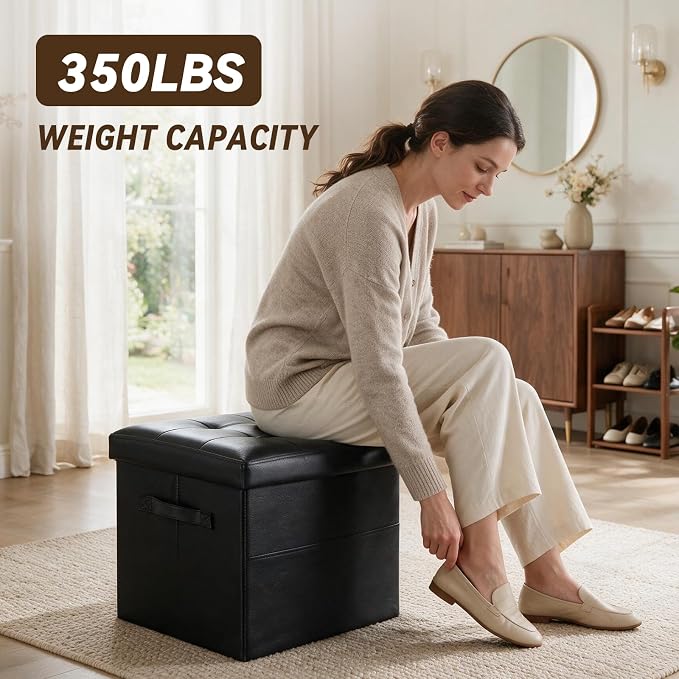 Storage Ottoman Foot Rest Bench with Side Pocket, Small Faux Leather Ottoman with Storage, Foot Stool with Storage for Living Room, Bedroom, Entryway, Dorm. 350LBS, 17x12.6x12.6in, Black.