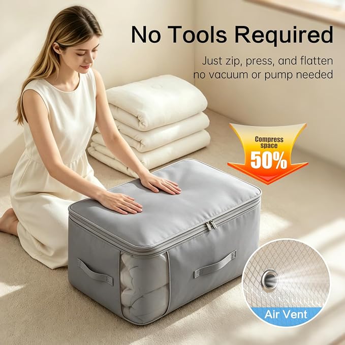Comforter Storage Bag, Large Capacity Blanket Storage Bags 3-Layer Ultra Space Saving Self Compression Organizer, Heavy Duty Space Saver Organizer for Bedding, Clothes, Blanket, 2-Pack, Gray