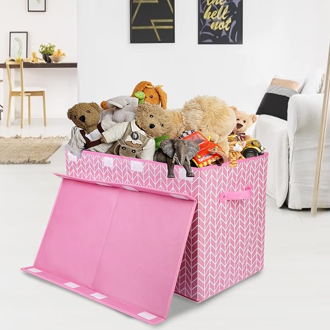 Large Toy Storage Box Chest for Kids, Sturdy Toy Box Bin Baskets with Lid | Toy Storage Box for Living Room, Nursery, Closet, Bedroom, Playroom 25"x13" x16" (Pink)