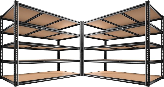 48" W Garage Shelving, Garage Storage Shelves Heavy Duty 3060LBS, Adjustable Metal Shelving Unit 5 Tier Industrial Shelving for Warehouse, Pantry, Closet, Kitchen, 72" H x 48" W x 24" D, Black, 2PCS