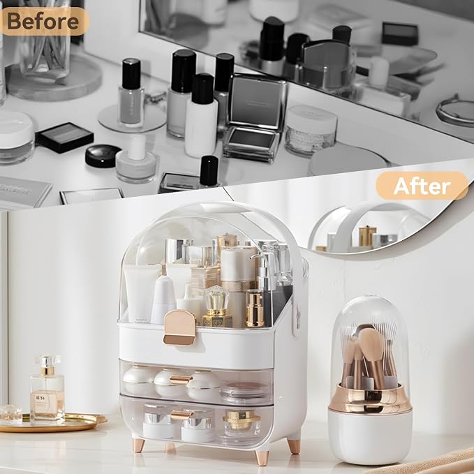 Makeup Organizer for Vanity with Brush Holder, Lid and 2 Drawers, Rose Gold | Large Capacity Bathroom Counter Organizer for Skincare, Cosmetic Storage, Dustproof, Waterproof, Teen Girl Gifts