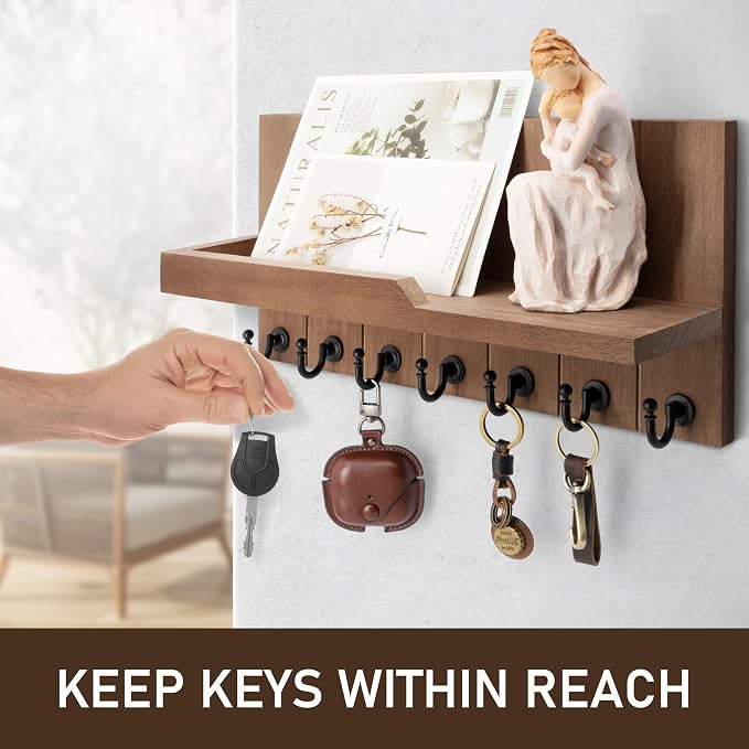 Rebee Vision Key Holder Wall Mount with Shelf for Entryway, Retro Brown | Key Holder for Wall, 7 Key Hooks, Floating Shelf, Key and Mail Holder for Wall, Home Storage, Sturdy Everyday Organization