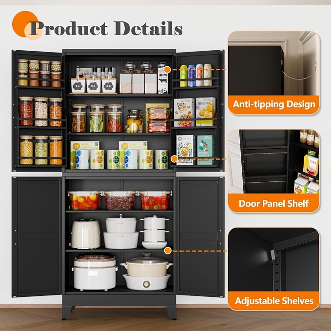 GAIOUS 74.8" Tall Metal Food Cabinet, Black Kitchen Pantry Cabinet Cupboard | Food Storage, Kitchen Organizer, Storage Cabinet with 4 Door and 4 Adjustable Shelves, Steel Freestanding, for Dining Living
