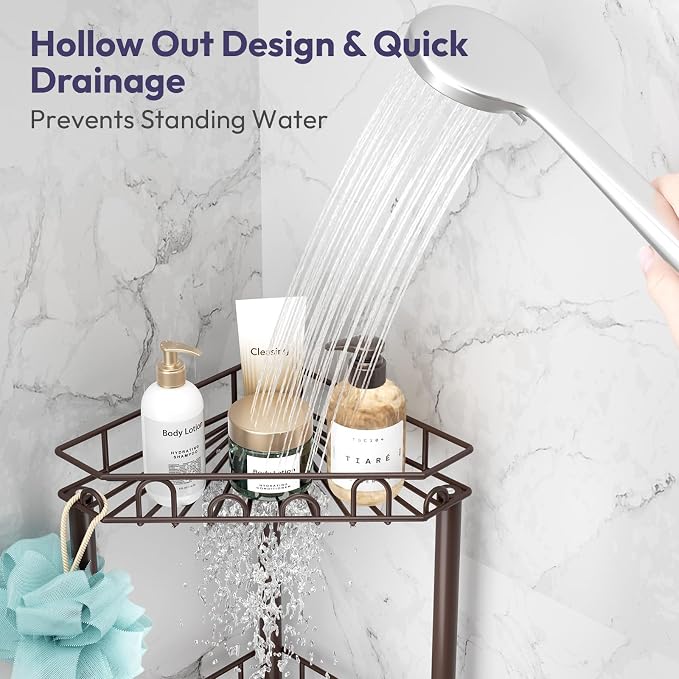 SWTYMIKI Standing Shower Caddy Corner - 4‑Tier Stainless Steel Shower Organizer Shelf with 12 Hooks and Adhesive Pads, Rustproof Corner Shelves Stand Rack for Bathroom Shower Room, Bronze