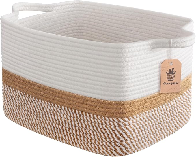 Goodpick Woven Rope Storage Basket, 13" x 10" x 9", White & Camel Mix | Gift Baskets Empty for Kids Toys & Towels, Shelf & Closet Organization, Built-In Handles, Natural Home Decor