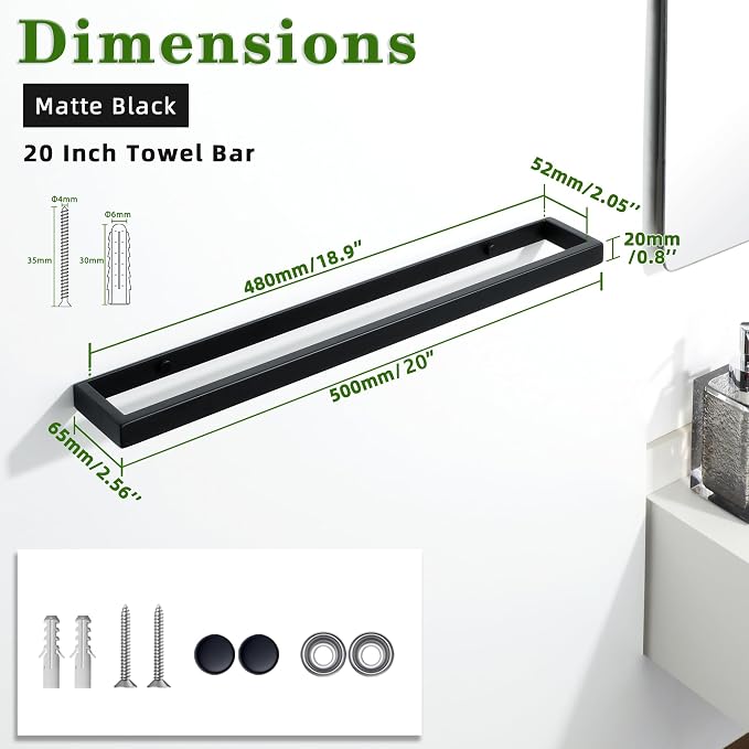 Alise 20 Inch Hand Towel Holder Black Towel Bar for Bathroom Wall Mounted | Towel Hanger Towel Rack for Bathroom Lavatory,SUS304 Stainless Steel Towel Rail for Bath Kitchen, Non-adhesive Mount
