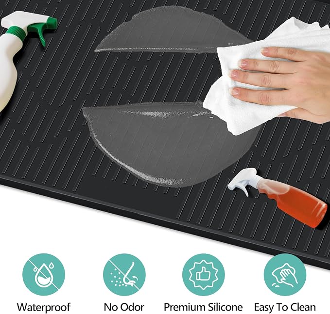 32" x 22" Under Sink Mat for Kitchen Lanstics Under Sink Organizer Black | Waterproof Raised Edge Silicone Mat Sink Protector Silicone Organizers Tray for Kitchen Bathroom