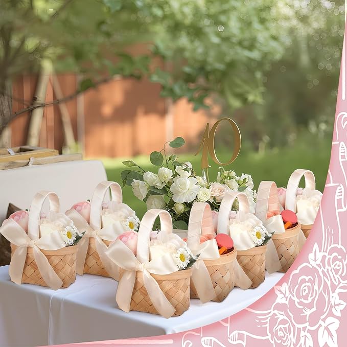 12 Pcs Mini Flower Girl Basket Mini Woven Baskets with Handles Wood Chip Flower Fruit Picnic Holder with Ribbon Chip Bucket for Wedding Party Gifts Baby Shower Birthday Party Decoration