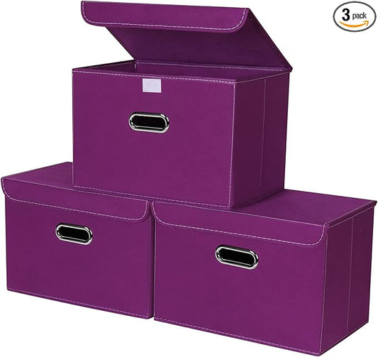 STOREONE Fabric Storage Cube Bins Foldable Organizer Container Collapsible Basket with Lids and Metal Handles, for Home, Bedroom, Closet 3 Pcs (Purple)