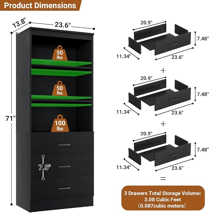 Aheaplus 23.6" Closet Drawers System, Wood Closet Organizer System with 3 Drawers, Modular Small Walk-in Closets Storage Unit, Black (23.6" L x 13.8" W x 71" H)