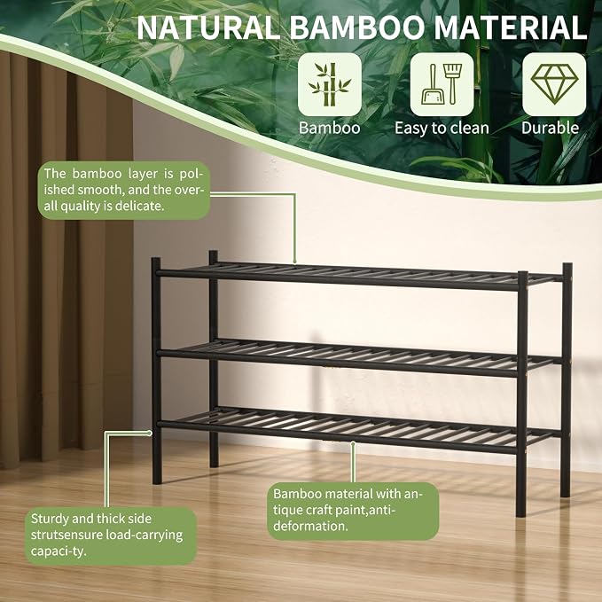 ROMGUAR CRAFT 3-Tier Bamboo Long Shoe Rack, Free Standing Wood Shoe Shelf Storage Organizer for Closet Entryway Stackable 35"x11"x20" (Black)