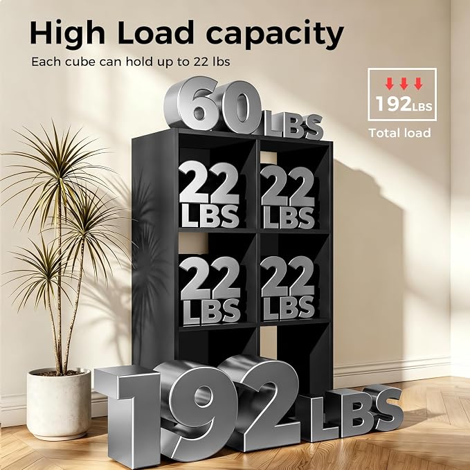 LUCKLIFE 6-Cube Storage Organizer, Stackable Modular Bookcase Shelf with Vertical or Horizontal Use, Fits 11×11" Bins, Optional Back Panels, for Living Room, Office, Black
