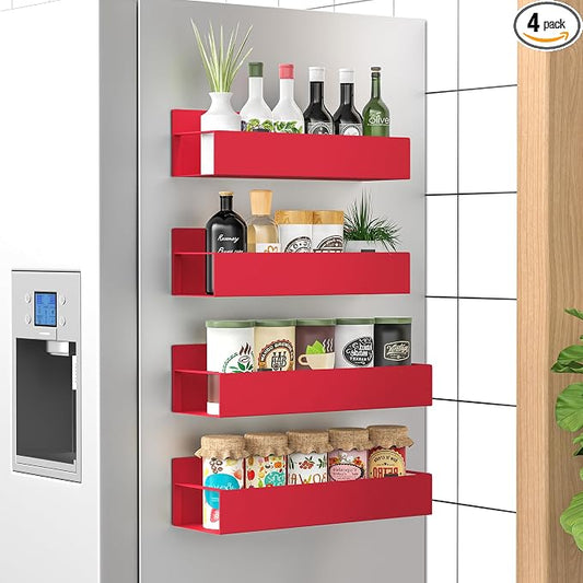 HuggieGems 4 Pack Magnetic Spice Storage Rack Organizer for Refrigerator and Oven, Red Fridge Organizers and Storage