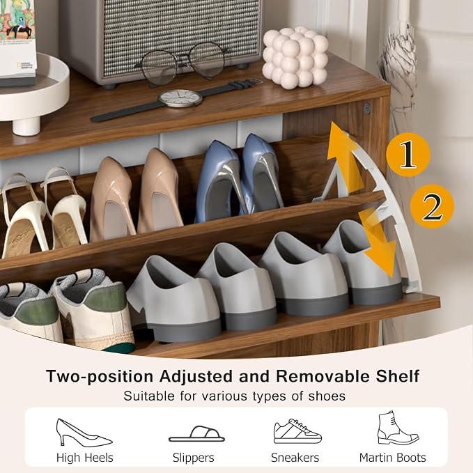 Fsbecl Shoe Storage Cabinet for Entryway with 2 Flip Drawers, Narrow Wood Shoe Cabinet with Fluted Panel, Freestanding Hidden Shoe Organizer for Hallway