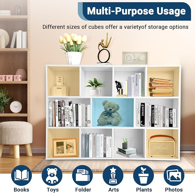 Whitmor 11 Cube Storage Organizer, 4 Tier Stackable Bookcase, Open Storage Display Bookshelf, Storage Cabinet for Living Room, Bedroom, Home, Office, 29.1" L x 9.4" W x 41.7" H, White