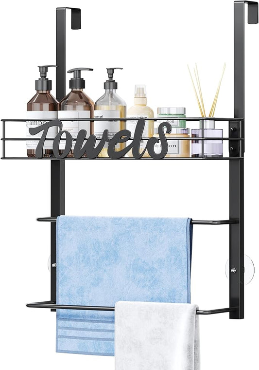 SWTYMIKI Over the Door Towel Racks for Bathroom - 3-Tier Wall Mounted Bathroom Towel Storage Organizer Holder with Metal Shelf, Black