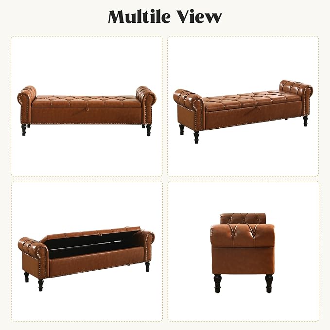 Storage Bed Bench for Bedroom, Faux Leather 67" End of Bed Benches, King Size Bench with Arm, Tufted Button Upholstered Ottoman Bench for Living Room, Entryway, Yellow Brown