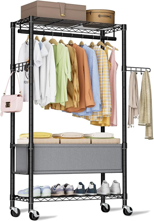 Heavy Duty Clothes Rack Rolling Garment Rack,3 Tier Adjustable Wire Shelving Clothing Racks for Hanging Clothes with Double Rods&Side Hooks,Freestanding Wardrobe Storage Rack Metal Portable Closet