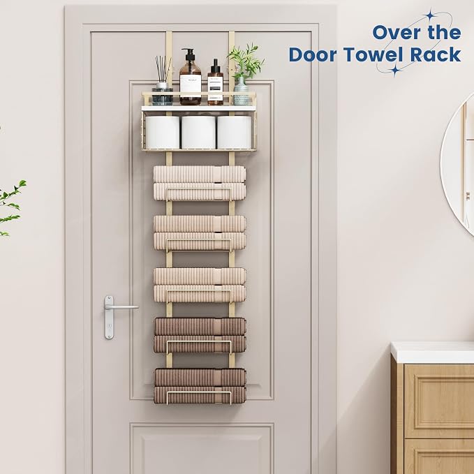 Aetyord Towel Racks for Bathroom Over The Door Towel Racks Towel Storage Organizer with Metal Shelf Basket for Bathroom Rv Camper (7-Tier Gold)