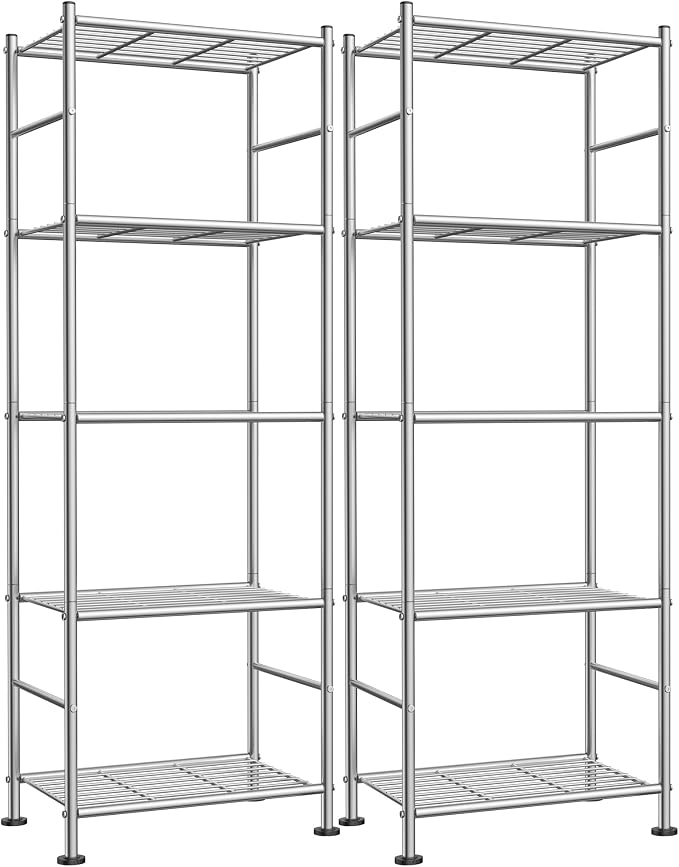 Sakugi Storage Shelves - Set of 2, 5-Tier Metal Shelf Organizer, Space-Saving Garage Shelving with Leveling Feet, Standing Shelves Organizer for Kitchen, Laundry, Pantry (18.4"x12.6"x57.4", Silver)
