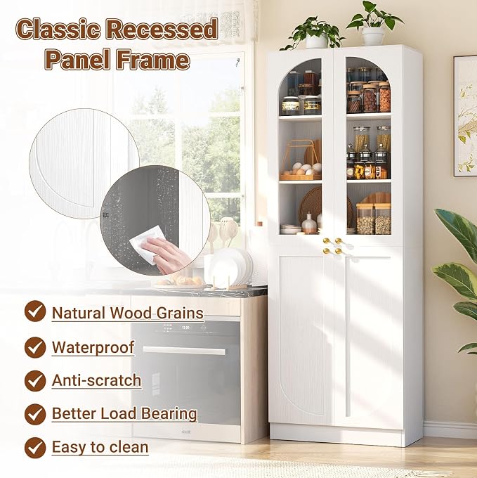 Cyclysio 80" Kitchen Pantry, Tall Arch Storage Cabinet with Tempered Glass & Soft Close Doors, Freestanding Wood Floor Cupboard Bookcase with Seamless Fit Wall for Dining Living Room, Bathroom (White)